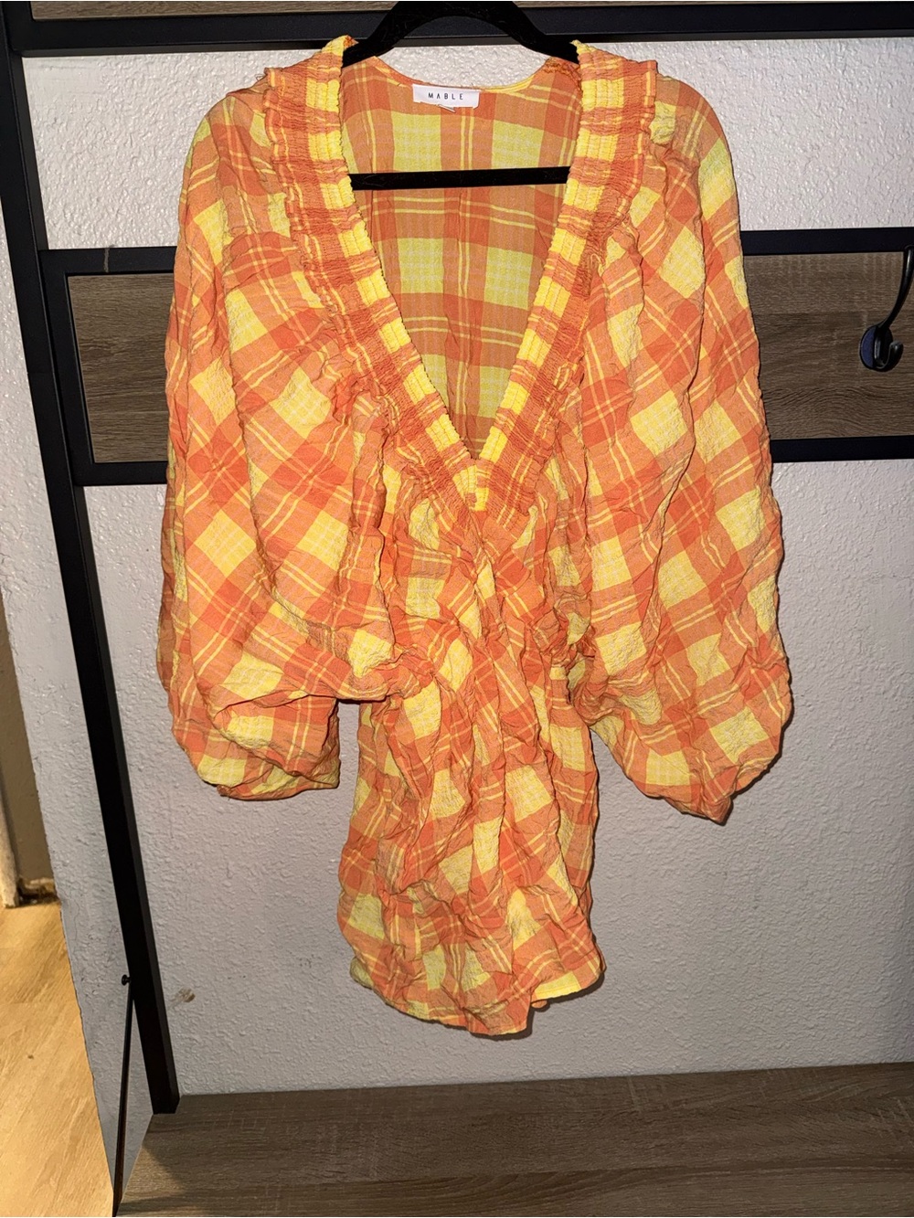 MARBLE Orange and Yellow Plaid Ruffle V-Neck Tunic Blouse